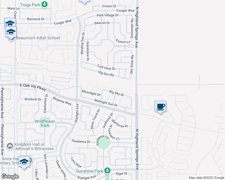 map of restaurants, bars, coffee shops, grocery stores, and more near 1564 Big Sky Drive in Beaumont