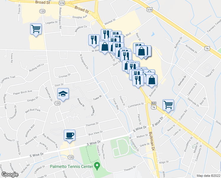 map of restaurants, bars, coffee shops, grocery stores, and more near 29 Althea Circle in Sumter