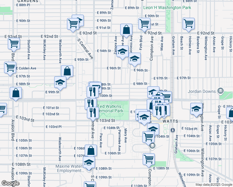 map of restaurants, bars, coffee shops, grocery stores, and more near 1315 East 100th Street in Los Angeles