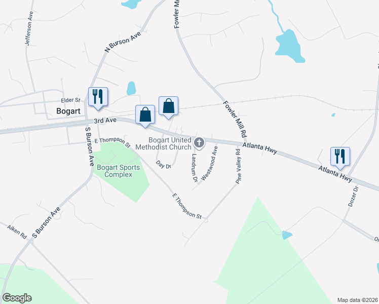 map of restaurants, bars, coffee shops, grocery stores, and more near 1303 Day Dr in Bogart
