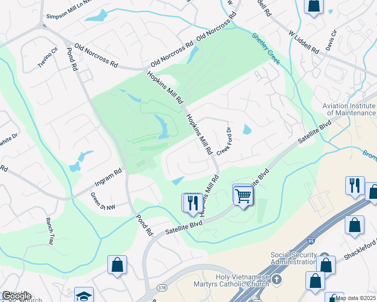 map of restaurants, bars, coffee shops, grocery stores, and more near 4580 Fairway View Court in Duluth