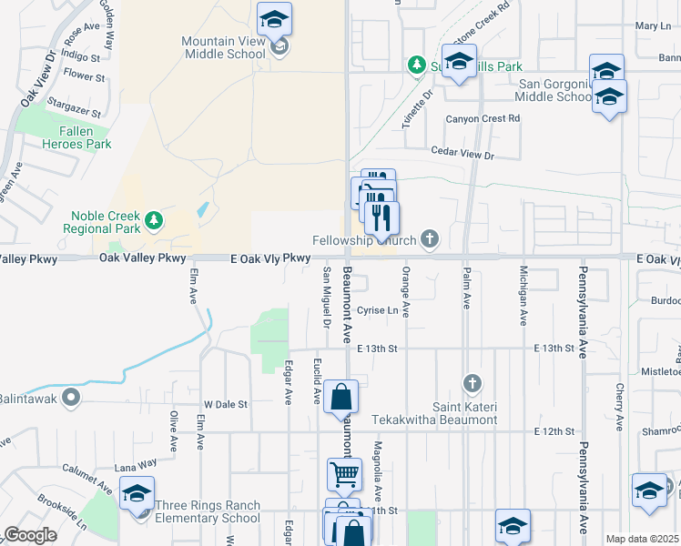 map of restaurants, bars, coffee shops, grocery stores, and more near 1375 Beaumont Avenue in Beaumont