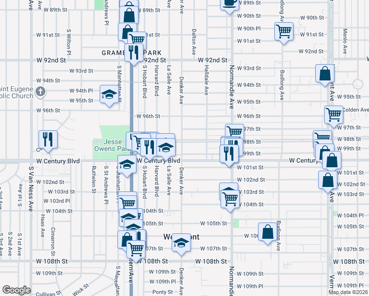 map of restaurants, bars, coffee shops, grocery stores, and more near 9812 South Denker Avenue in Los Angeles