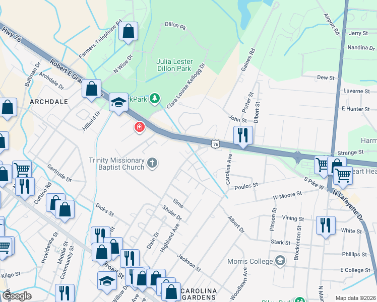 map of restaurants, bars, coffee shops, grocery stores, and more near 960 Miller Rd in Sumter