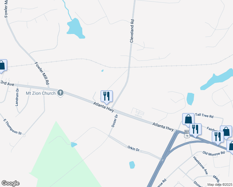 map of restaurants, bars, coffee shops, grocery stores, and more near 2572 Cleveland Road in Bogart