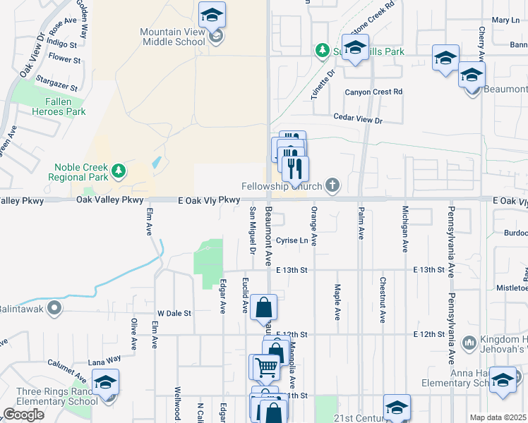 map of restaurants, bars, coffee shops, grocery stores, and more near 1375 Beaumont Avenue in Beaumont