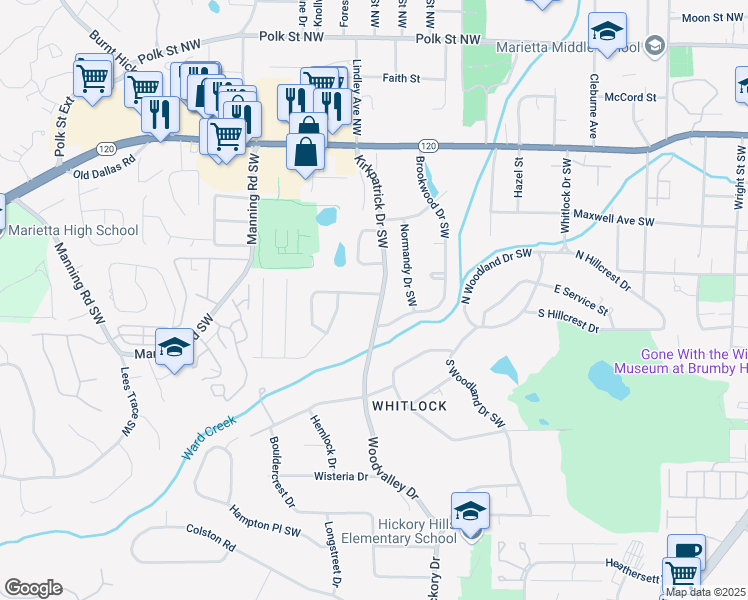 map of restaurants, bars, coffee shops, grocery stores, and more near 563 Hillandale Circle in Marietta