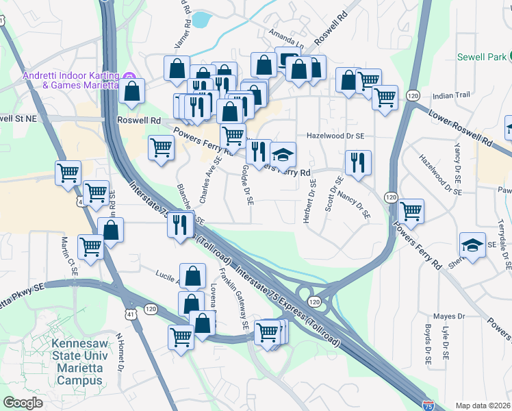 map of restaurants, bars, coffee shops, grocery stores, and more near 1536 Saint John Avenue Southeast in Marietta