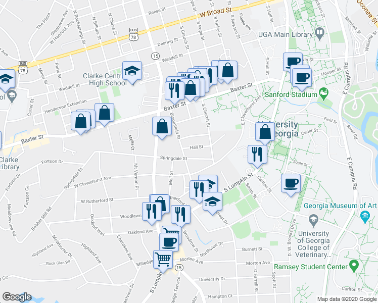 map of restaurants, bars, coffee shops, grocery stores, and more near 120 Hall Street in Athens