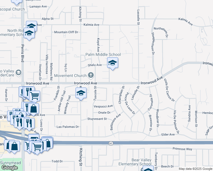 map of restaurants, bars, coffee shops, grocery stores, and more near 25700 Palm Shadows Drive in Moreno Valley