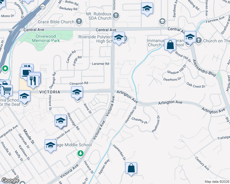 map of restaurants, bars, coffee shops, grocery stores, and more near 5858 Maybrook Circle in Riverside