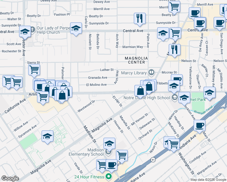 map of restaurants, bars, coffee shops, grocery stores, and more near 4757 Arlington Avenue in Riverside