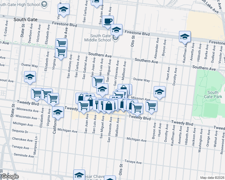 map of restaurants, bars, coffee shops, grocery stores, and more near 9616 San Miguel Avenue in South Gate