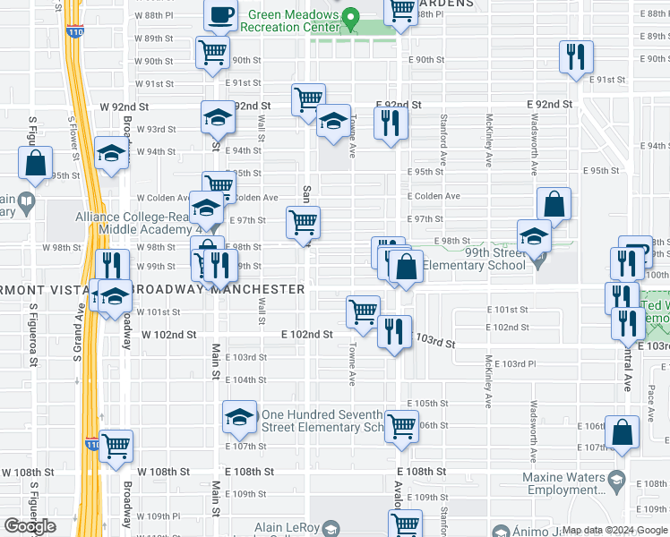 map of restaurants, bars, coffee shops, grocery stores, and more near 9825 Towne Avenue in Los Angeles