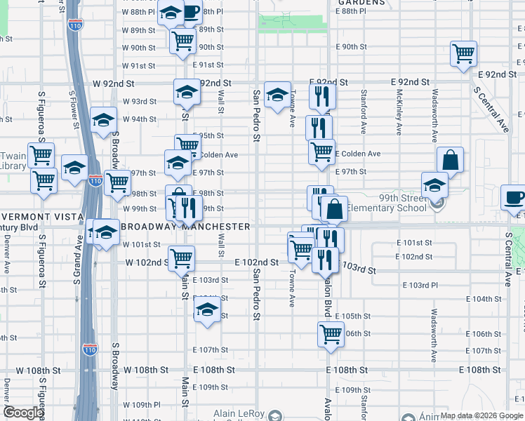 map of restaurants, bars, coffee shops, grocery stores, and more near 321 East 99th Street in Los Angeles