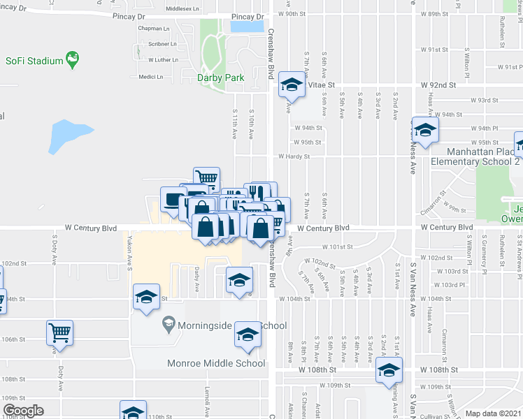 map of restaurants, bars, coffee shops, grocery stores, and more near 3132 West 99th Street in Inglewood