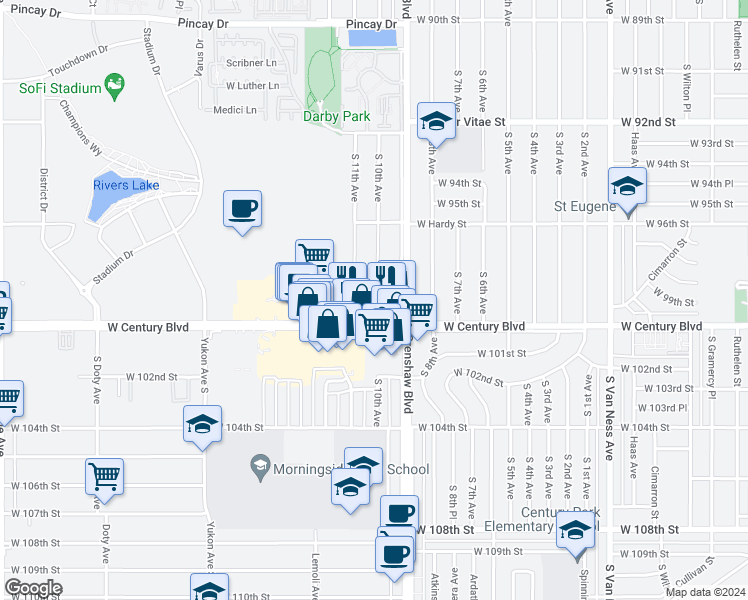 map of restaurants, bars, coffee shops, grocery stores, and more near 3132 West 99th Street in Inglewood