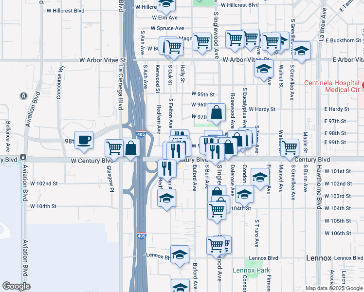map of restaurants, bars, coffee shops, grocery stores, and more near 4939 West 99th Street in Inglewood