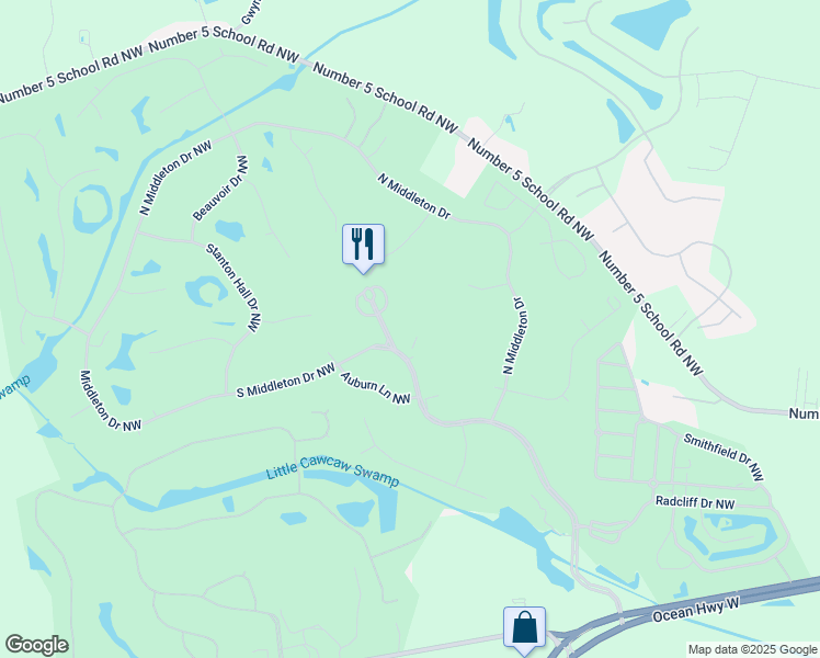map of restaurants, bars, coffee shops, grocery stores, and more near 330 South Middleton Drive Northwest in Calabash