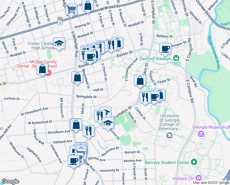 map of restaurants, bars, coffee shops, grocery stores, and more near 247 East Cloverhurst Avenue in Athens