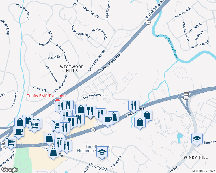map of restaurants, bars, coffee shops, grocery stores, and more near 255 The Preserve Drive in Athens