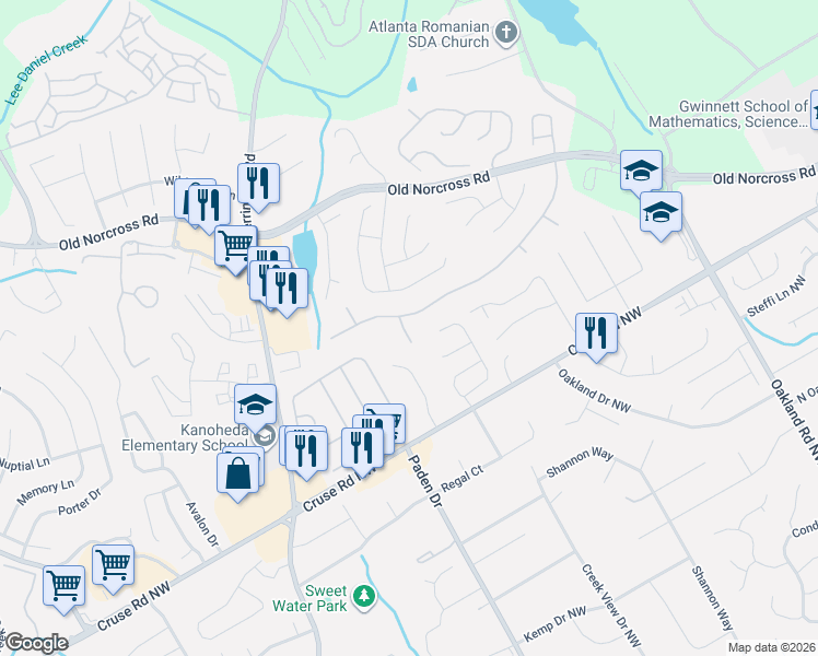 map of restaurants, bars, coffee shops, grocery stores, and more near 1039 Boardwalk Drive in Lawrenceville