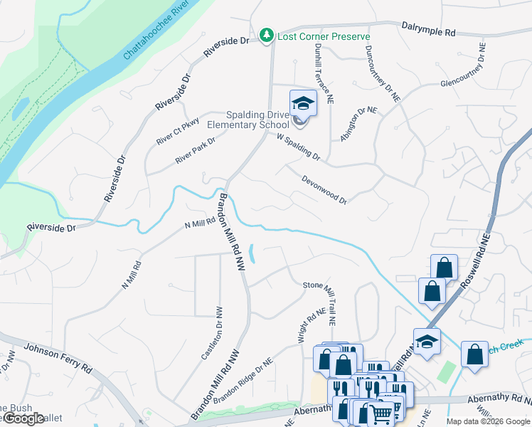 map of restaurants, bars, coffee shops, grocery stores, and more near 140 Hidden Falls Lane Northwest in Sandy Springs