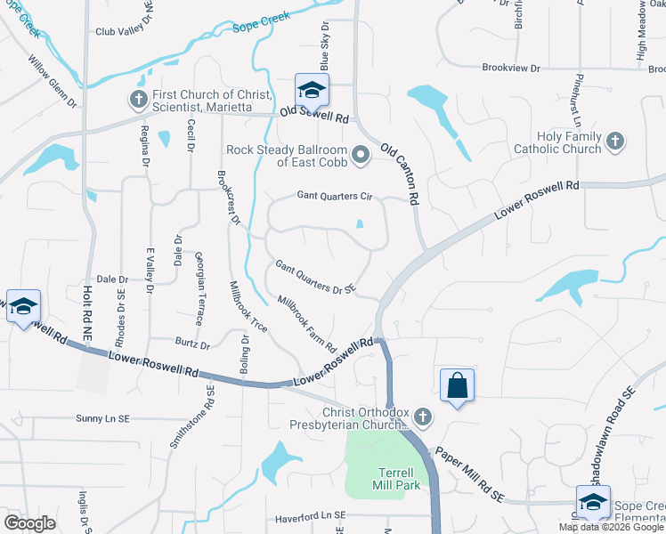 map of restaurants, bars, coffee shops, grocery stores, and more near 134 Gant Quarters Lane in Marietta