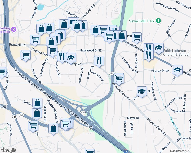 map of restaurants, bars, coffee shops, grocery stores, and more near 184 Nancy Drive Southeast in Marietta