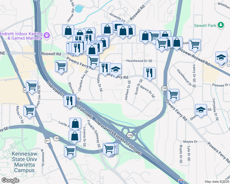 map of restaurants, bars, coffee shops, grocery stores, and more near 1584 Saint John Avenue Southeast in Marietta