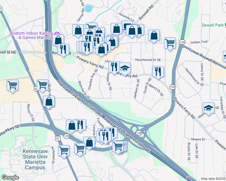 map of restaurants, bars, coffee shops, grocery stores, and more near 1536 Saint John Avenue Southeast in Marietta
