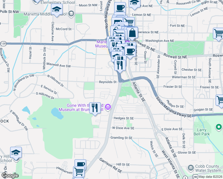 map of restaurants, bars, coffee shops, grocery stores, and more near 749 Henry Drive Southwest in Marietta