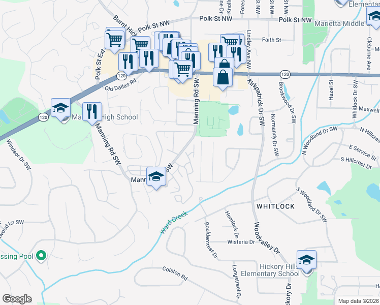 map of restaurants, bars, coffee shops, grocery stores, and more near 237 Machelle Lane Southwest in Marietta