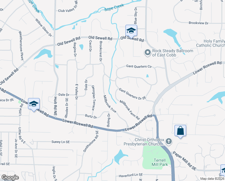 map of restaurants, bars, coffee shops, grocery stores, and more near 158 Millbrook Farm Road in Marietta