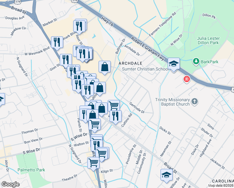 map of restaurants, bars, coffee shops, grocery stores, and more near 170 Gertrude Drive in Sumter