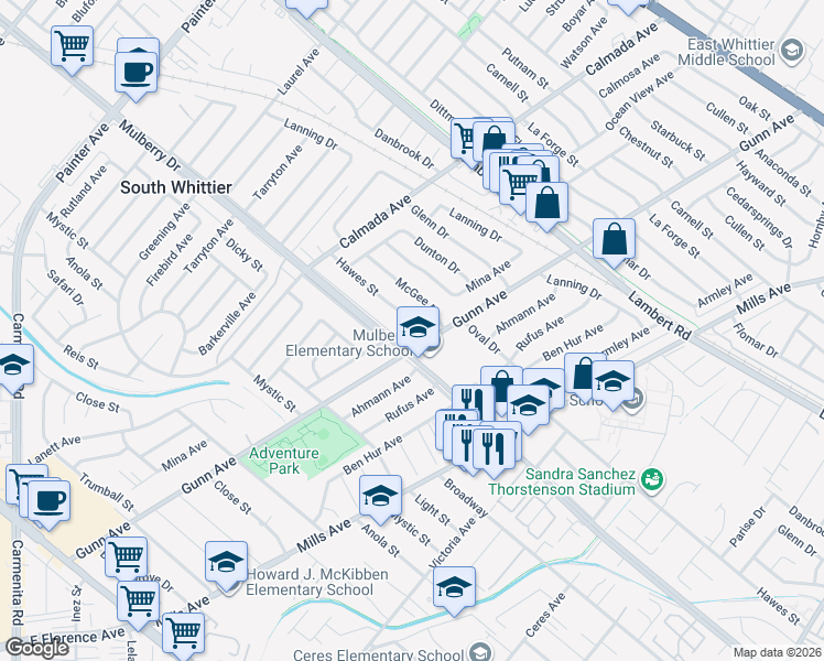 map of restaurants, bars, coffee shops, grocery stores, and more near 14042 Hawes Street in Whittier