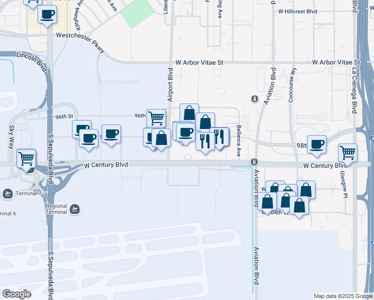 map of restaurants, bars, coffee shops, grocery stores, and more near 5855 West Century Boulevard in Los Angeles