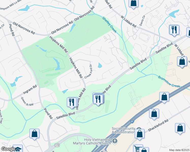 map of restaurants, bars, coffee shops, grocery stores, and more near 2122 Hopkins Place Court in Duluth