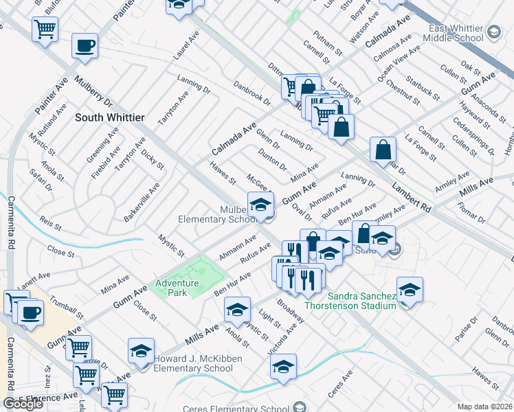map of restaurants, bars, coffee shops, grocery stores, and more near 14042 Hawes Street in Whittier