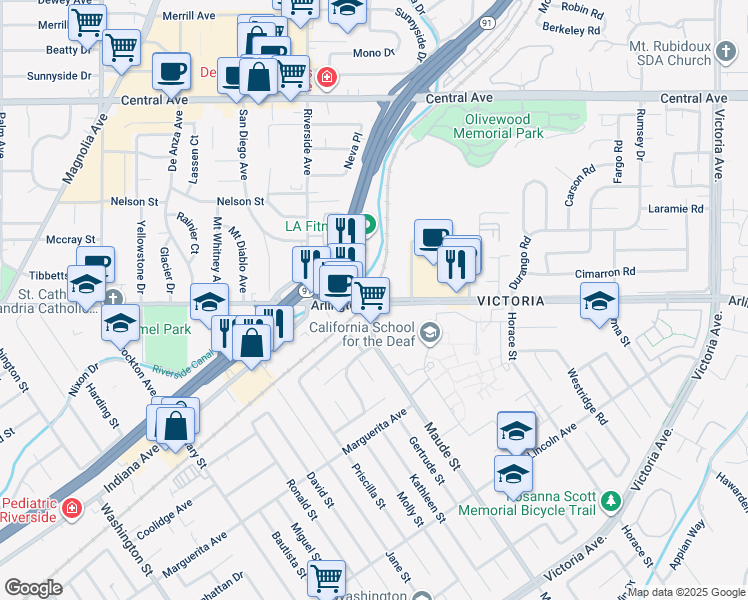 map of restaurants, bars, coffee shops, grocery stores, and more near 3409 Arlington Avenue in Riverside