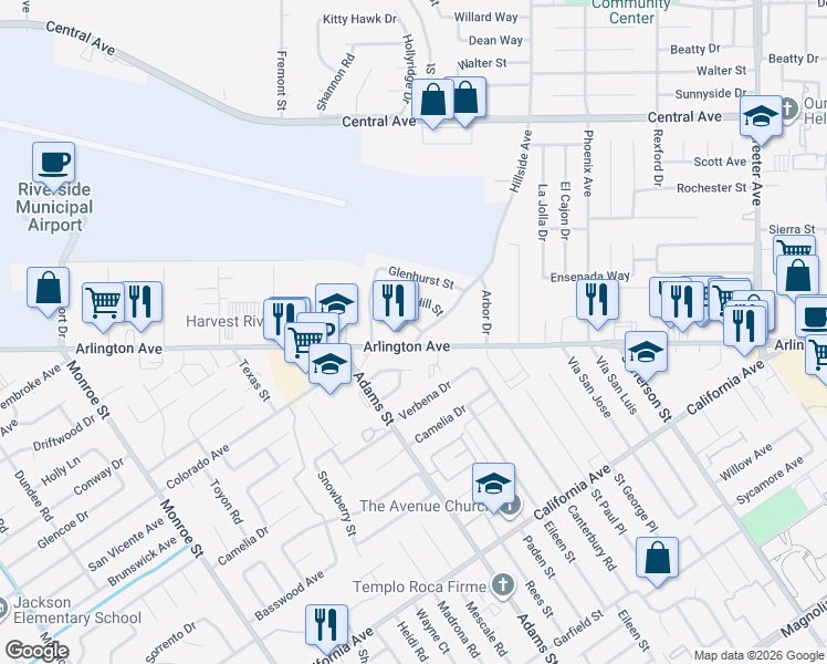 map of restaurants, bars, coffee shops, grocery stores, and more near 5866 Green Valley Road in Riverside