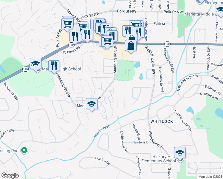 map of restaurants, bars, coffee shops, grocery stores, and more near 237 Machelle Lane Southwest in Marietta