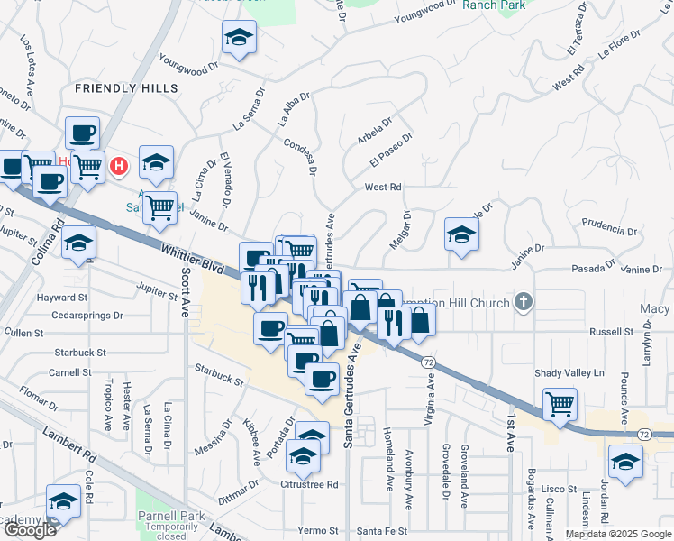 map of restaurants, bars, coffee shops, grocery stores, and more near 15702 Janine Drive in Whittier