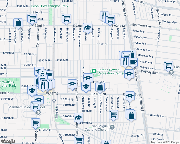 map of restaurants, bars, coffee shops, grocery stores, and more near Grape Street in Los Angeles County