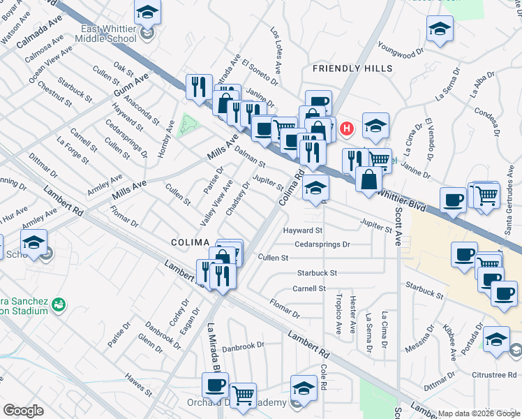 map of restaurants, bars, coffee shops, grocery stores, and more near 14845 Hayward Street in Whittier