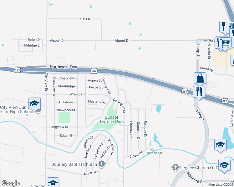 map of restaurants, bars, coffee shops, grocery stores, and more near 1711 Longview Street in Wichita Falls
