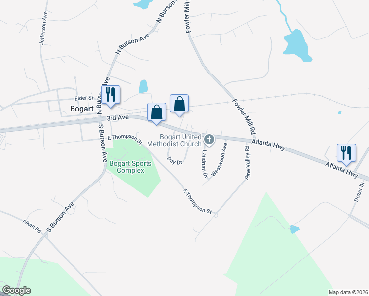 map of restaurants, bars, coffee shops, grocery stores, and more near 2808 Day Dr in Bogart