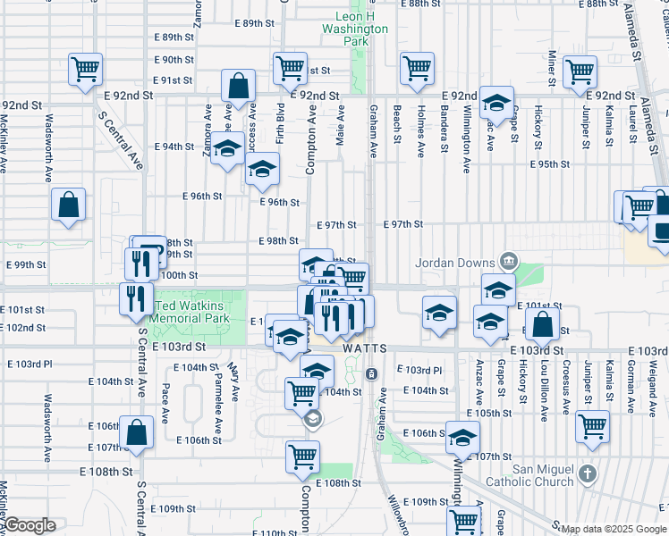 map of restaurants, bars, coffee shops, grocery stores, and more near 1634 East 99th Street in Los Angeles