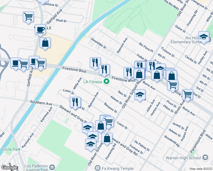 map of restaurants, bars, coffee shops, grocery stores, and more near 7230 Firestone Boulevard in Downey