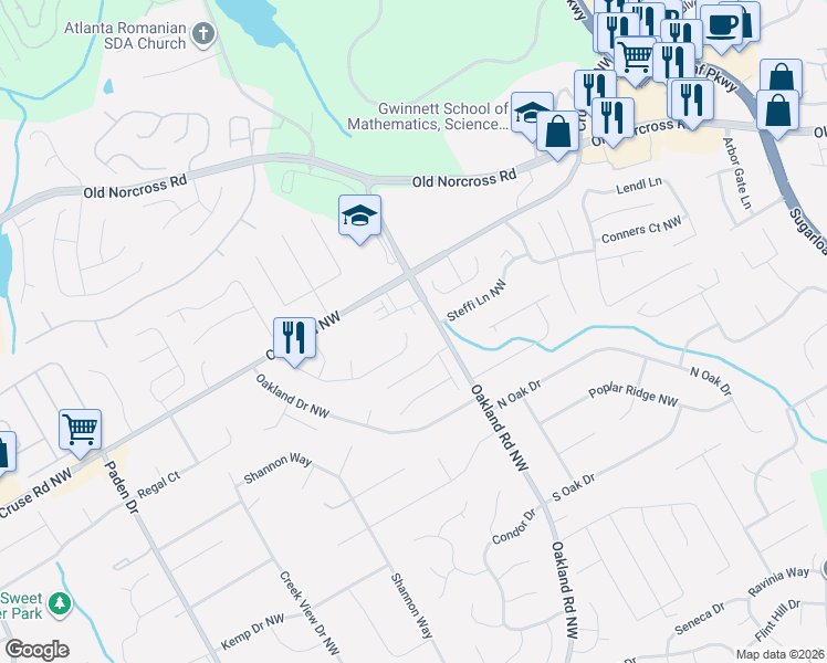 map of restaurants, bars, coffee shops, grocery stores, and more near 2030 Eagle Nest Bluff Northwest in Lawrenceville